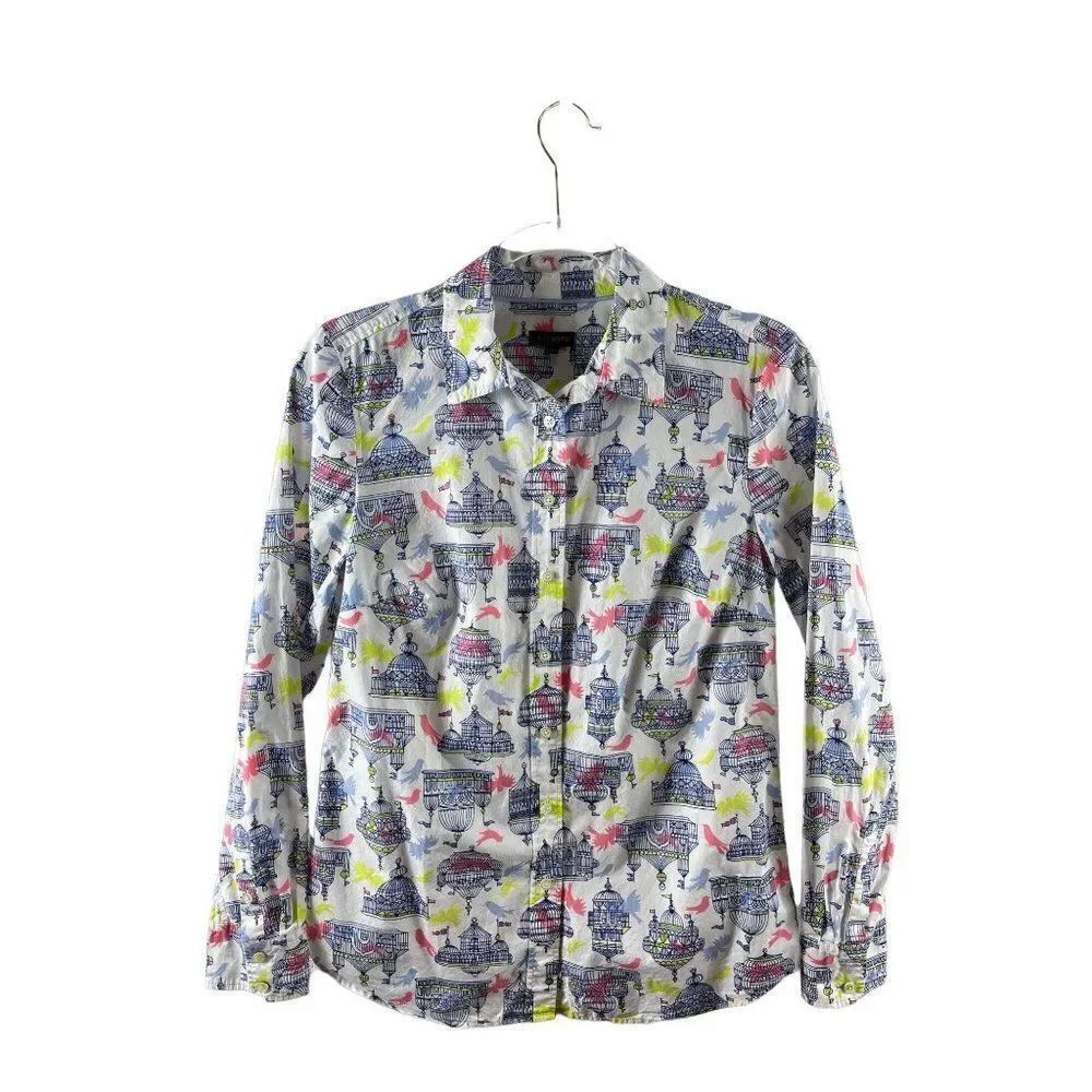 Talbots Birdcage Novelty Print Collared Casual Cotton Button Up Shirt XS White
